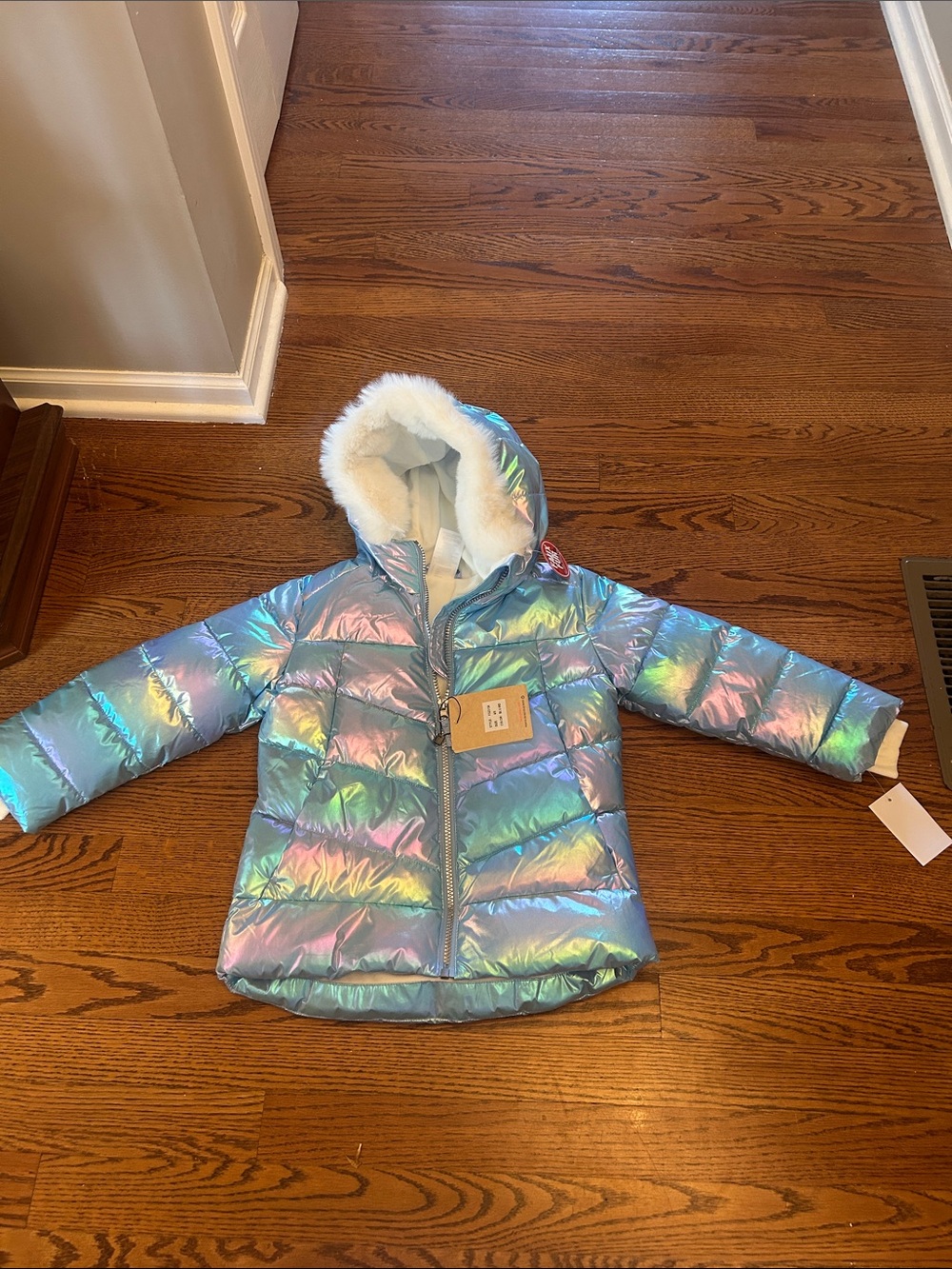 ZeroXposur Iridescent Puffer Jacket with Faux Fur Hood - Blue/Purple Hues